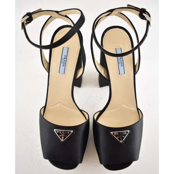 Prada 135mm Black Satin Logo Platform Sandal Ankle Strap Block Heel Pump 41.5 - Picture 10 of 14